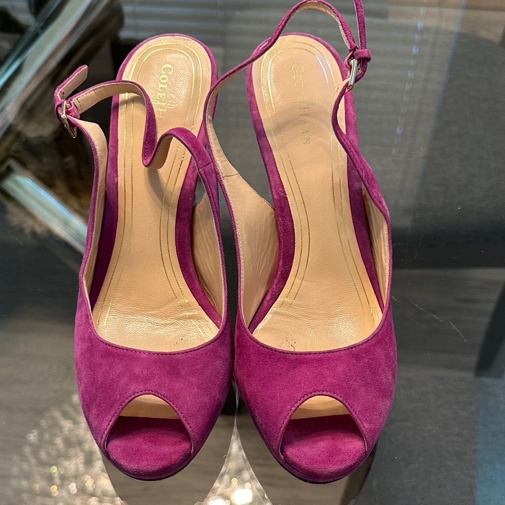 Cole Haan Suede Orchid Magenta Suede Peep-Toe Sling back Heels Nike Air 7.5 B